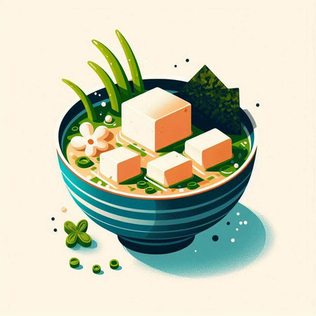Illustration of a bowl of tofu soup on a light background.のイラスト素材