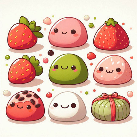 Set of cute kawaii fruits and berries. Vector illustration.のイラスト素材