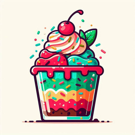 Colorful cupcake with whipped cream and cherries. Vector illustration.のイラスト素材
