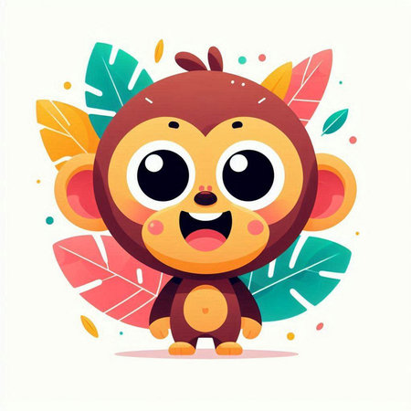 Cute cartoon monkey with leaves. Vector illustration in flat style.のイラスト素材