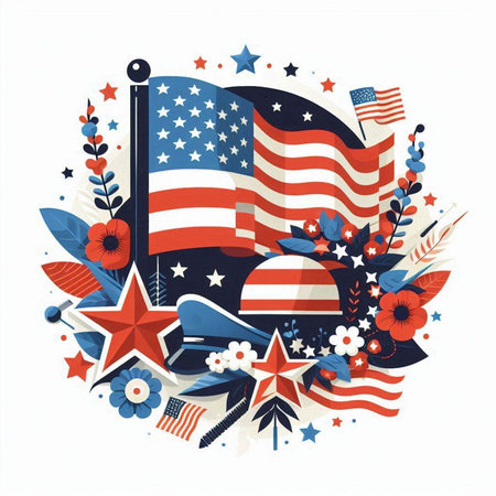 American flag with flowers and stars. Vector illustration in flat style.のイラスト素材