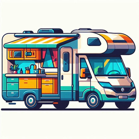 Vector illustration of a caravan with food truck. Colorful illustration.のイラスト素材