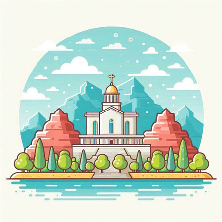 Church on the island of the sea. Vector illustration in flat styleのイラスト素材
