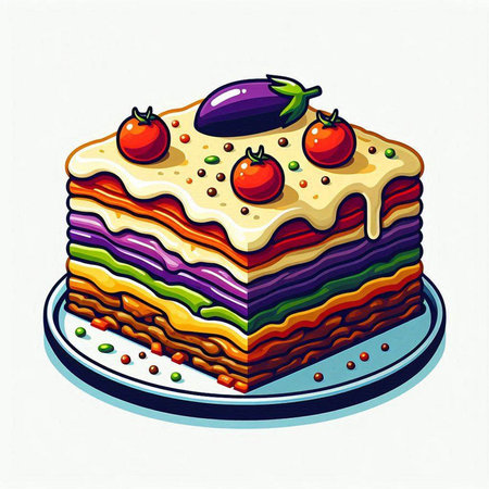 Illustration of a slice of rainbow cake with eggplant and tomatoesのイラスト素材