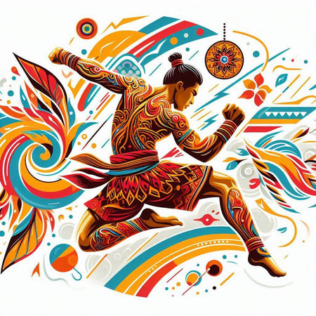 Vector illustration of a beautiful Indian woman dancing on a colorful background.のイラスト素材