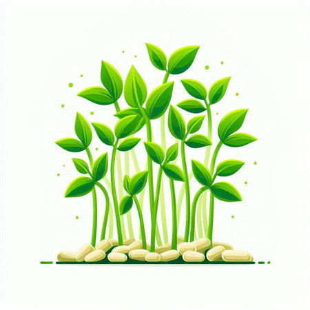 Green sprouts with vitamins on a white background. Vector illustration.のイラスト素材