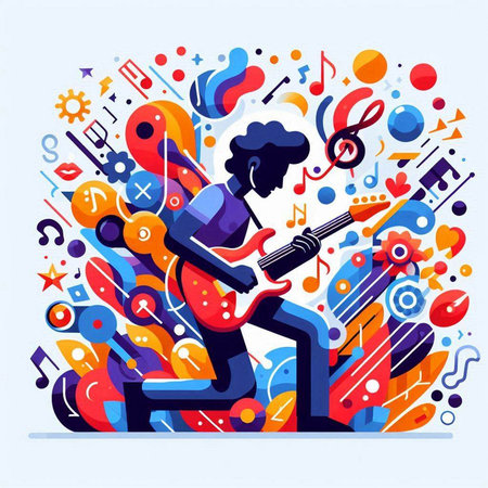 Musician playing electric guitar. Colorful vector illustration in flat styleのイラスト素材