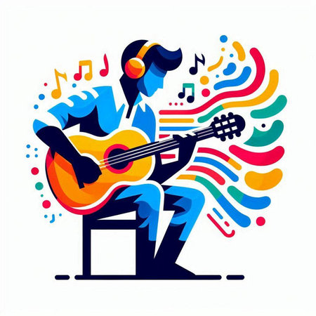 Musician playing the guitar and singing. Vector illustration on white background.のイラスト素材