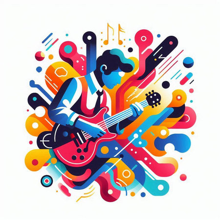 Vector illustration of a man playing the guitar on colorful background with musical notes.のイラスト素材