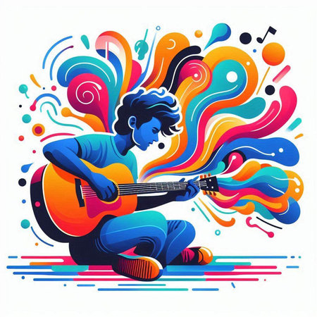 Vector illustration of a man playing the guitar on a colorful background.のイラスト素材
