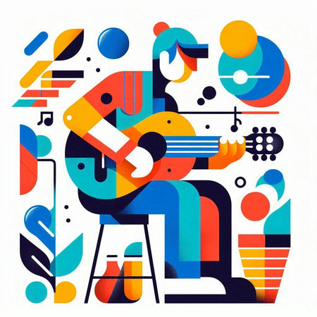 Abstract composition with musical instruments and colorful geometric shapes. Vector illustration.のイラスト素材