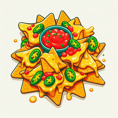 Mexican nachos with tomato sauce and pepper. Vector illustration.のイラスト素材