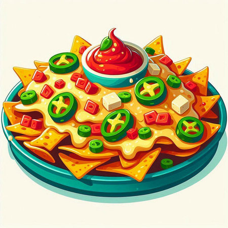 Nachos with cheese, tomato sauce and olives. Vector illustration.のイラスト素材