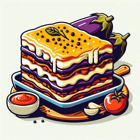 Illustration of a lasagna with eggplant, tomato and sauceのイラスト素材