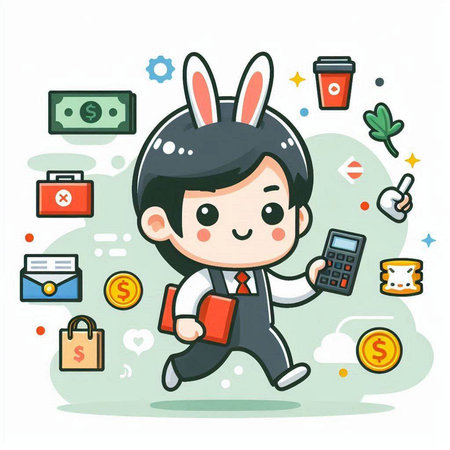 Businessman with rabbit costume and money. Vector flat design cartoon illustrationのイラスト素材