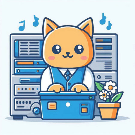 Cute kawaii cat working in data center. Vector illustration.のイラスト素材