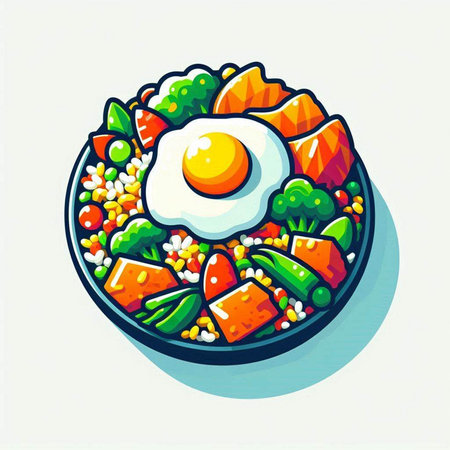 Bowl of rice with vegetables and fried egg. Vector illustration.のイラスト素材