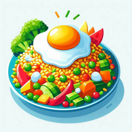 Vector illustration of a healthy vegetarian meal with lentils, egg and vegetablesのイラスト素材