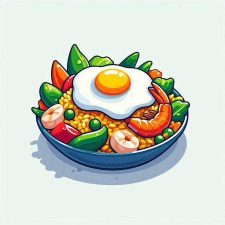Fried egg with vegetables and shrimp in a bowl. Vector illustration.のイラスト素材
