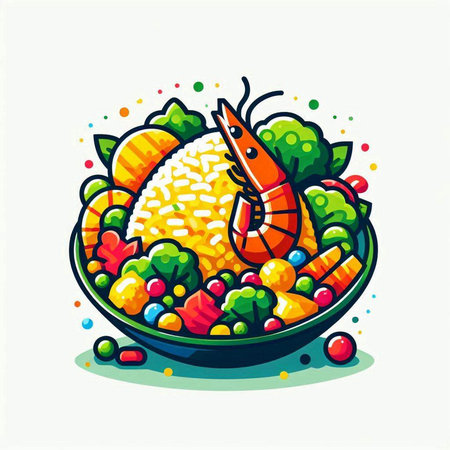 Illustration of shrimp and rice in bowl. Vector illustration of seafood.のイラスト素材