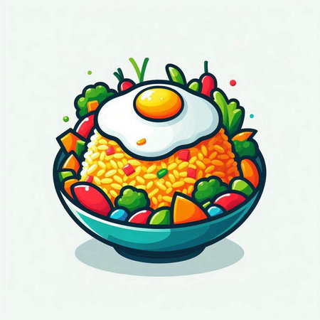 Bowl of rice with fried egg and vegetables. Vector illustration.のイラスト素材