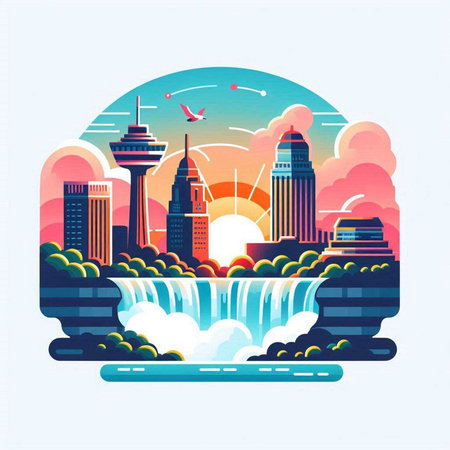 Skyscrapers and waterfalls in flat style. Vector illustration.のイラスト素材