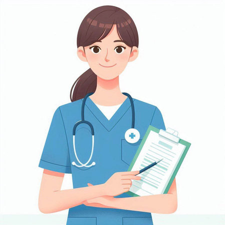 Female nurse with stethoscope and clipboard isolated on white background.のイラスト素材