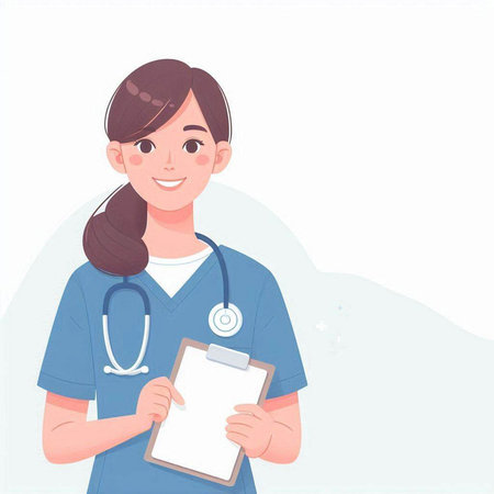 Female nurse holding a clipboard. Vector illustration in flat cartoon style.のイラスト素材