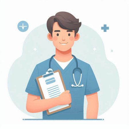 Male doctor with stethoscope and clipboard. Vector illustration in cartoon styleのイラスト素材