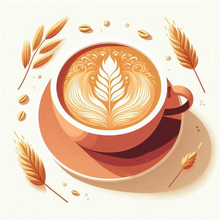 Coffee cup with latte art and wheat. Vector illustration.のイラスト素材
