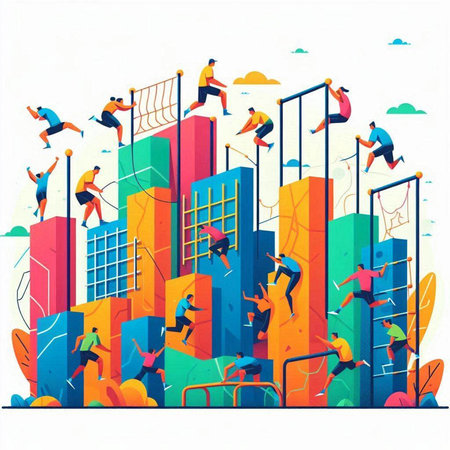 Vector illustration of young people playing volleyball on the playground. Flat style design.のイラスト素材