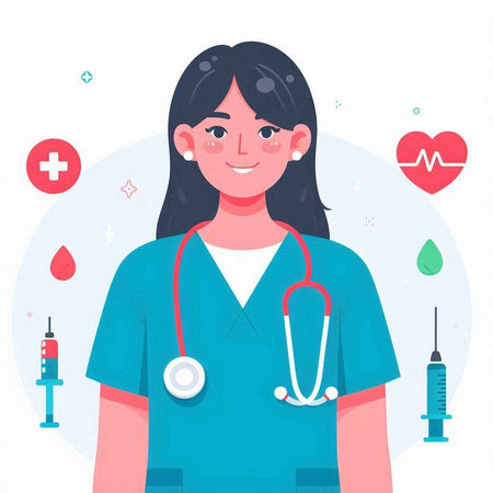 Young female doctor with stethoscope and syringe. Vector illustrationのイラスト素材