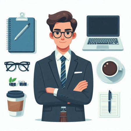 Businessman character in office. Vector illustration in a flat style.のイラスト素材
