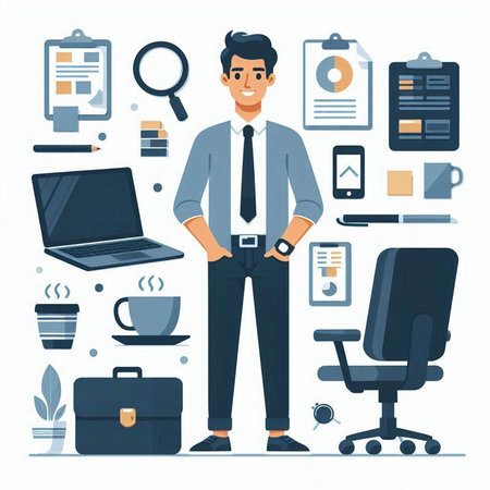 Businessman standing in front of office workplace with laptop, documents and coffee cup. Vector illustration in flat styleのイラスト素材