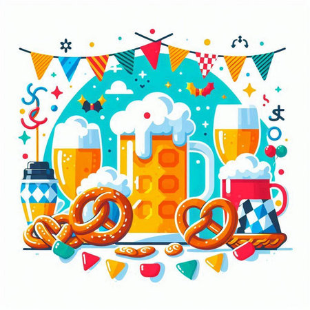 Oktoberfest banner with beer and pretzel. Vector illustrationのイラスト素材
