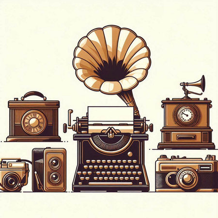 vector illustration of a retro typewriter, camera, gramophone and gramophoneのイラスト素材