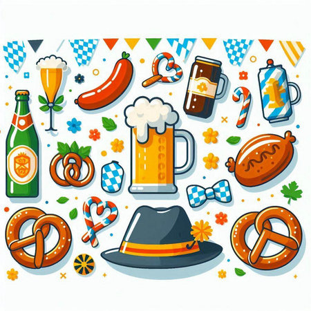 Oktoberfest set with beer, pretzel, sausage and oktoberfest elements. Vector illustrationのイラスト素材