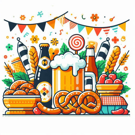 Oktoberfest vector illustration. Beer, pretzels, bavarian flags, crackers, sausages, pretzels, hot dogs, pretzels.のイラスト素材