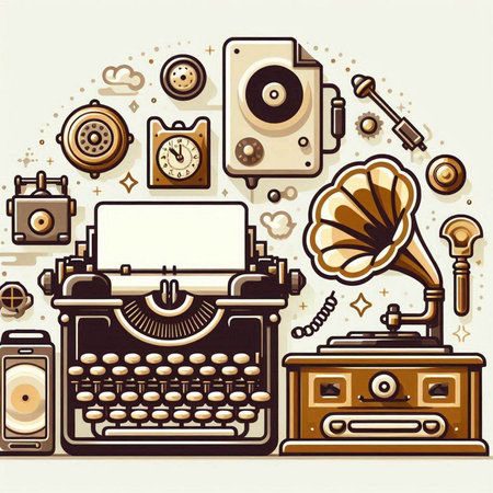 Retro background with old typewriter and gramophone. Vector illustration.のイラスト素材