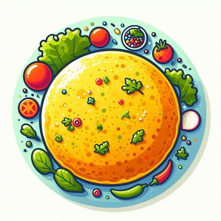 Illustration of omelette on a plate with vegetables. Vector illustration.のイラスト素材