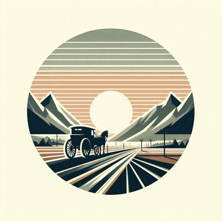 Horse drawn carriage on the road in the mountains. Vector illustration.のイラスト素材