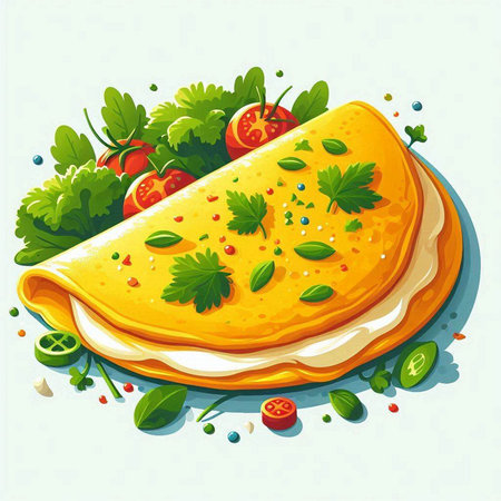 Illustration of pizza with tomatoes and parsley on a white backgroundのイラスト素材