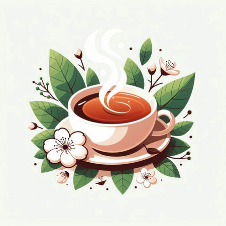 Cup of tea with leaves and flowers on white background. Vector illustration.のイラスト素材