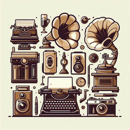 Retro style illustration with gramophone, gramophone, record player and other vintage objects.のイラスト素材