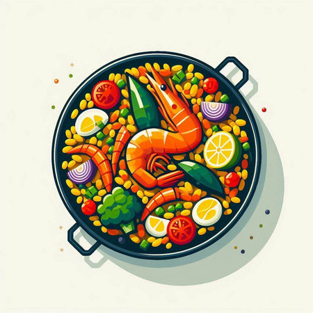 Illustration of paella with prawns and vegetables in a panのイラスト素材