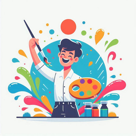 Cartoon vector illustration of a painter holding a paintbrush and a palette.のイラスト素材