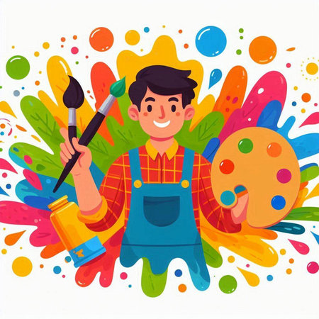 Artist cartoon character with paintbrush, palette and palette of colors. Vector illustrationのイラスト素材