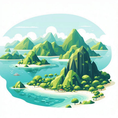 Vector illustration of a beautiful island in the ocean. Mountain landscape.のイラスト素材