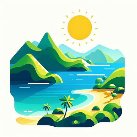 Beautiful summer landscape with sea, mountains and beach. Vector illustration.のイラスト素材