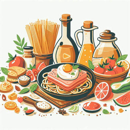Italian food background with pasta, vegetables and eggs. Vector illustration.のイラスト素材